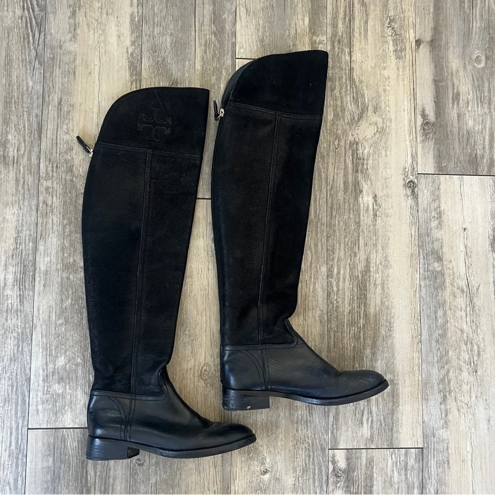 Tory Burch Suede and Leather Tall Riding Boots in Black